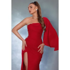 Couture & Ornate One Shoulder High Side Slit Sheath Formal Party Prom Dress With Rhinestones