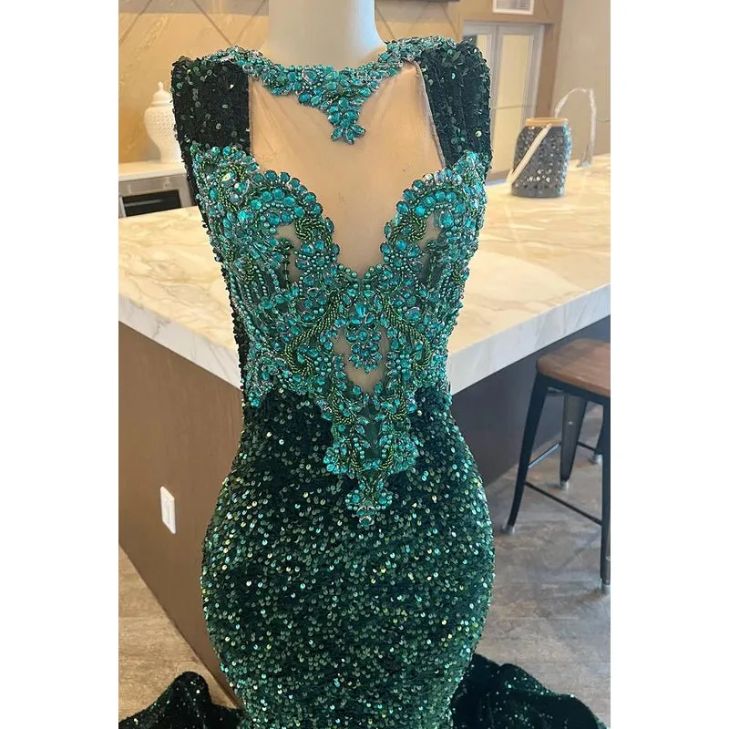 Couture & Ornate Sleeveless V-Neck Mermaid Sequins Evening Party Prom Dress