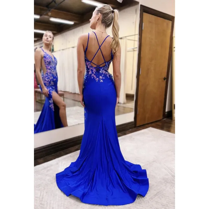 Couture & Ornate V-neck Spaghetti Straps Side Slit Appliqued Evening Prom Dress