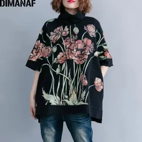 DIMANAF Plus Size Turtleneck Pullover with Floral Print for Women