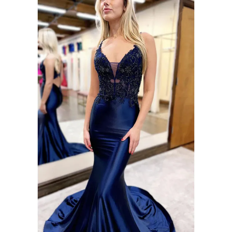 Elegant & Luxurious V-Neck Spaghetti Straps Mermaid Trumpet Backless Prom Dress