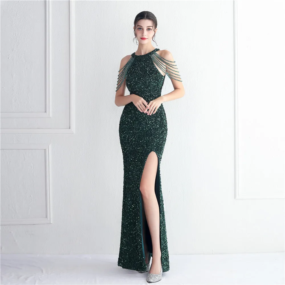 Elegant Micro Glass Beaded Sequined Evening Dress