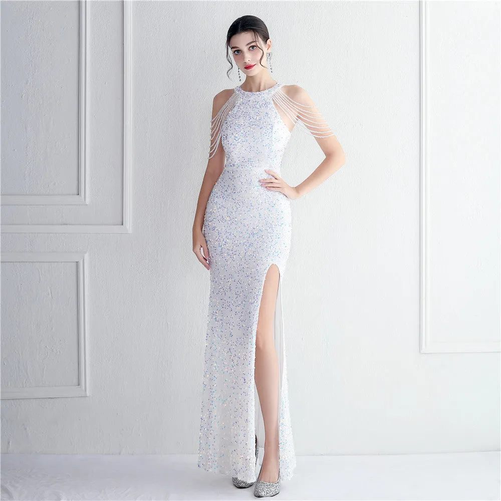 Elegant Micro Glass Beaded Sequined Evening Dress