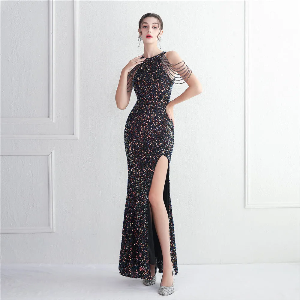 Elegant Micro Glass Beaded Sequined Evening Dress