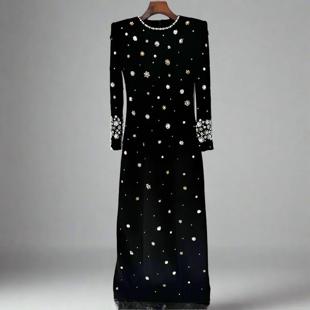 Elegant Rhinestone Beaded Long Sleeve Formal Dress