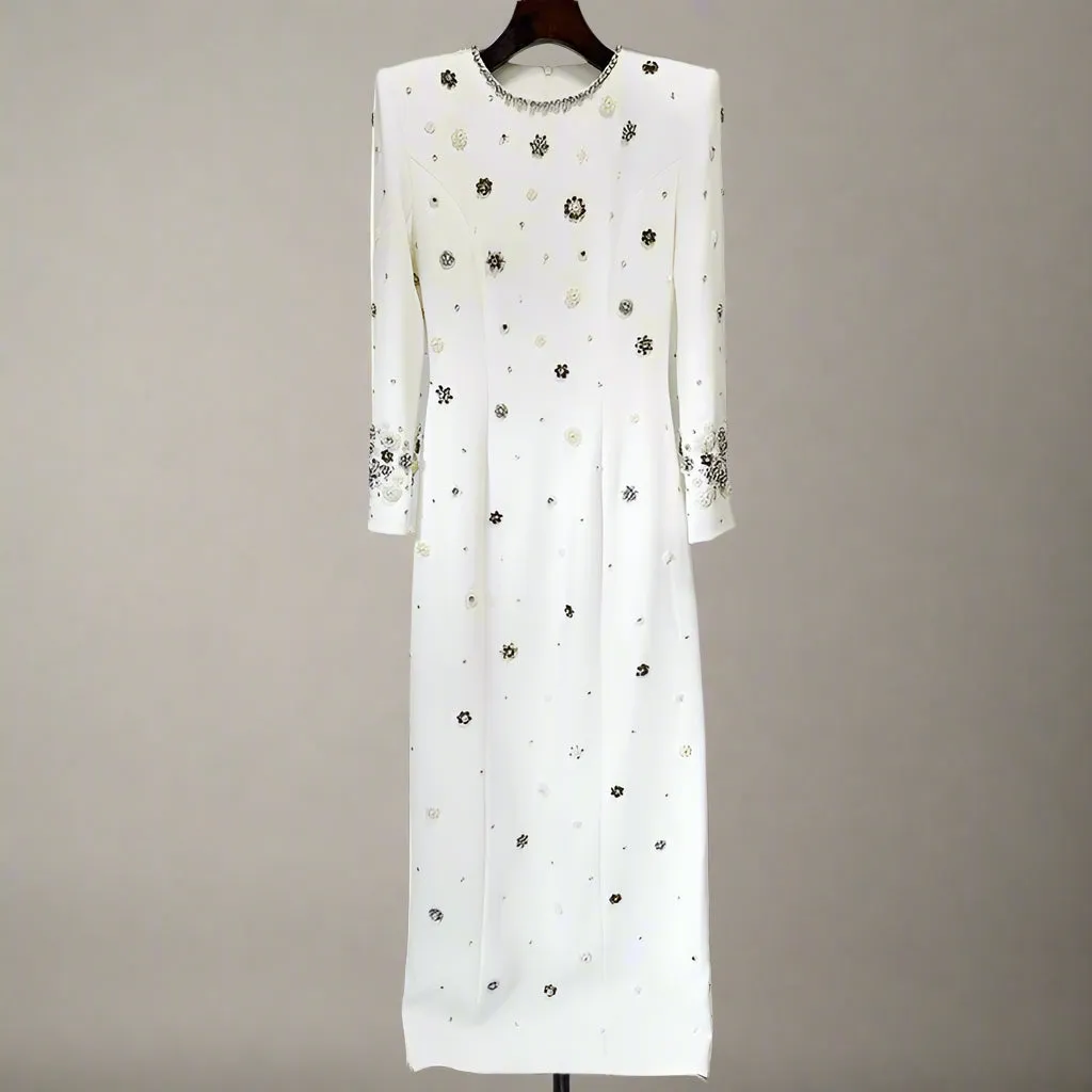 Elegant Rhinestone Beaded Long Sleeve Formal Dress
