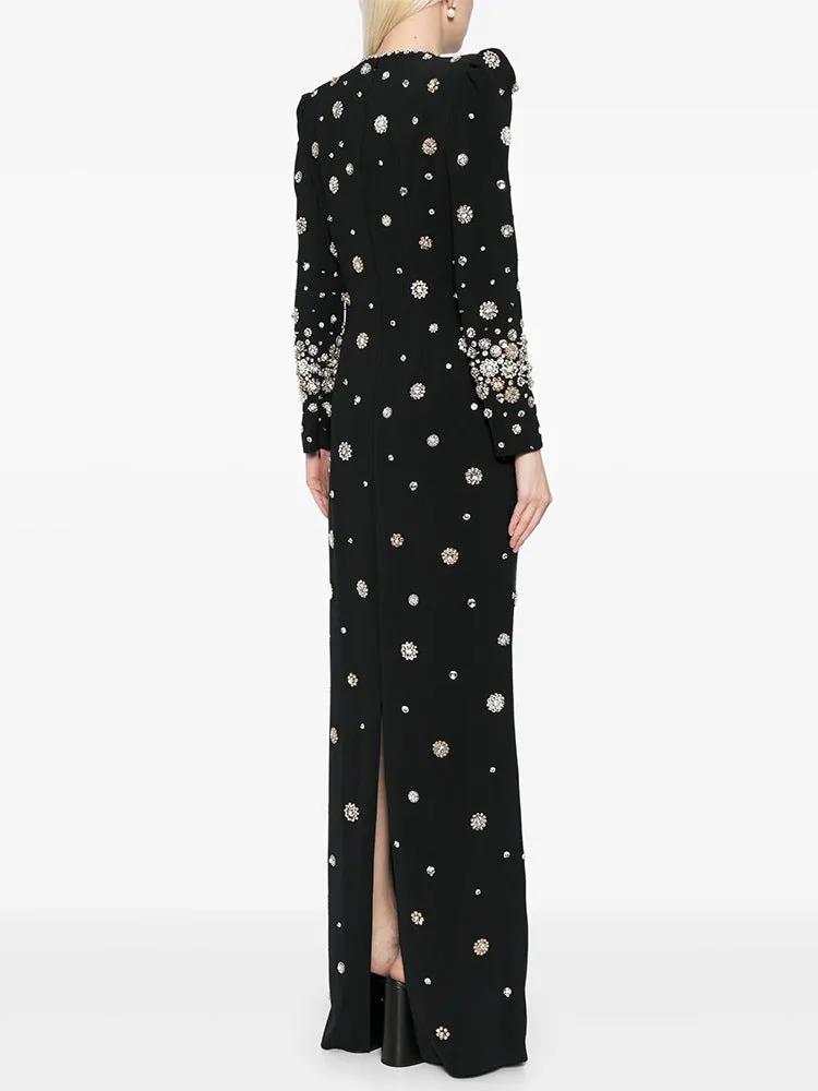 Elegant Rhinestone Beaded Long Sleeve Formal Dress