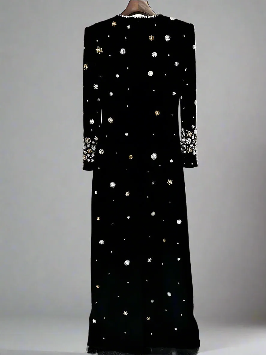 Elegant Rhinestone Beaded Long Sleeve Formal Dress