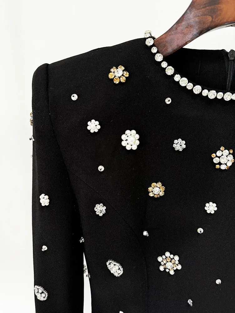 Elegant Rhinestone Beaded Long Sleeve Formal Dress