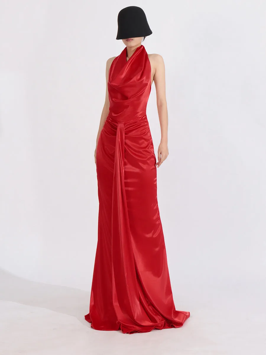 Elegant Sleek Backless Halter Red Mermaid Evening Gown
