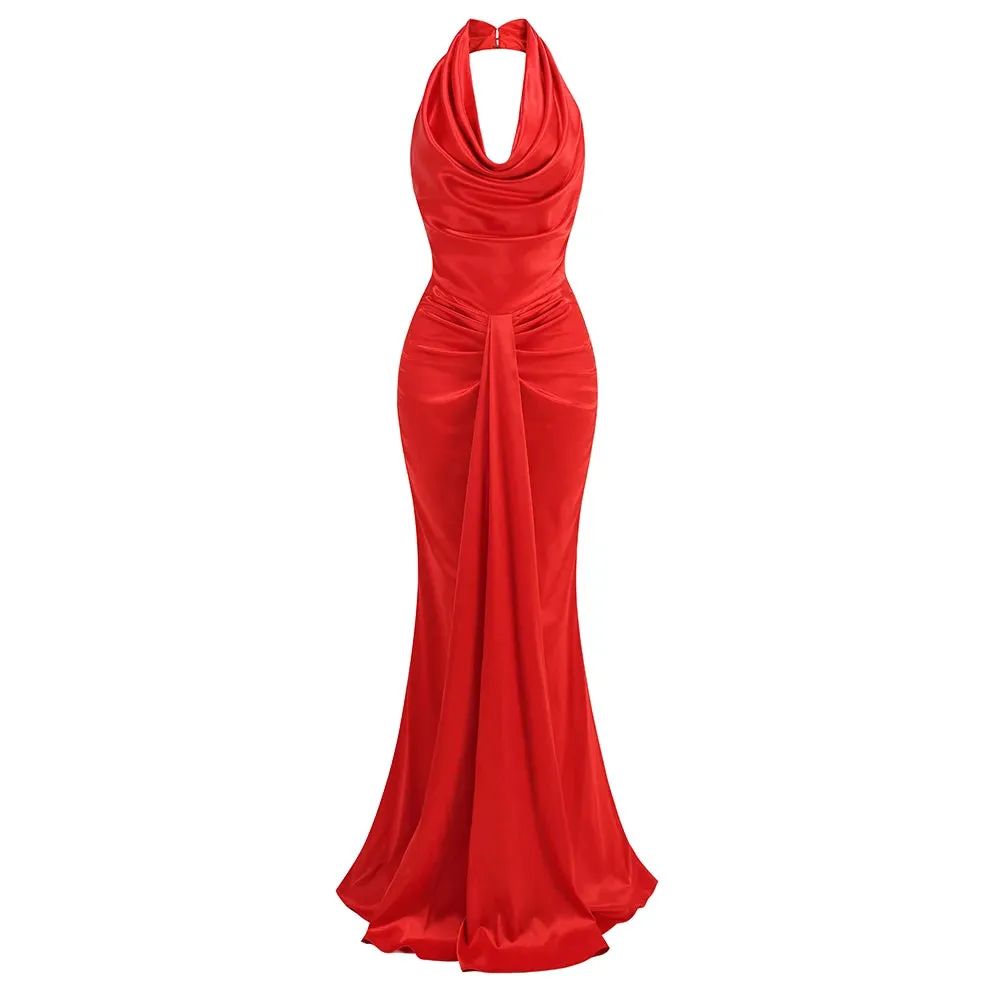 Elegant Sleek Backless Halter Red Mermaid Evening Gown