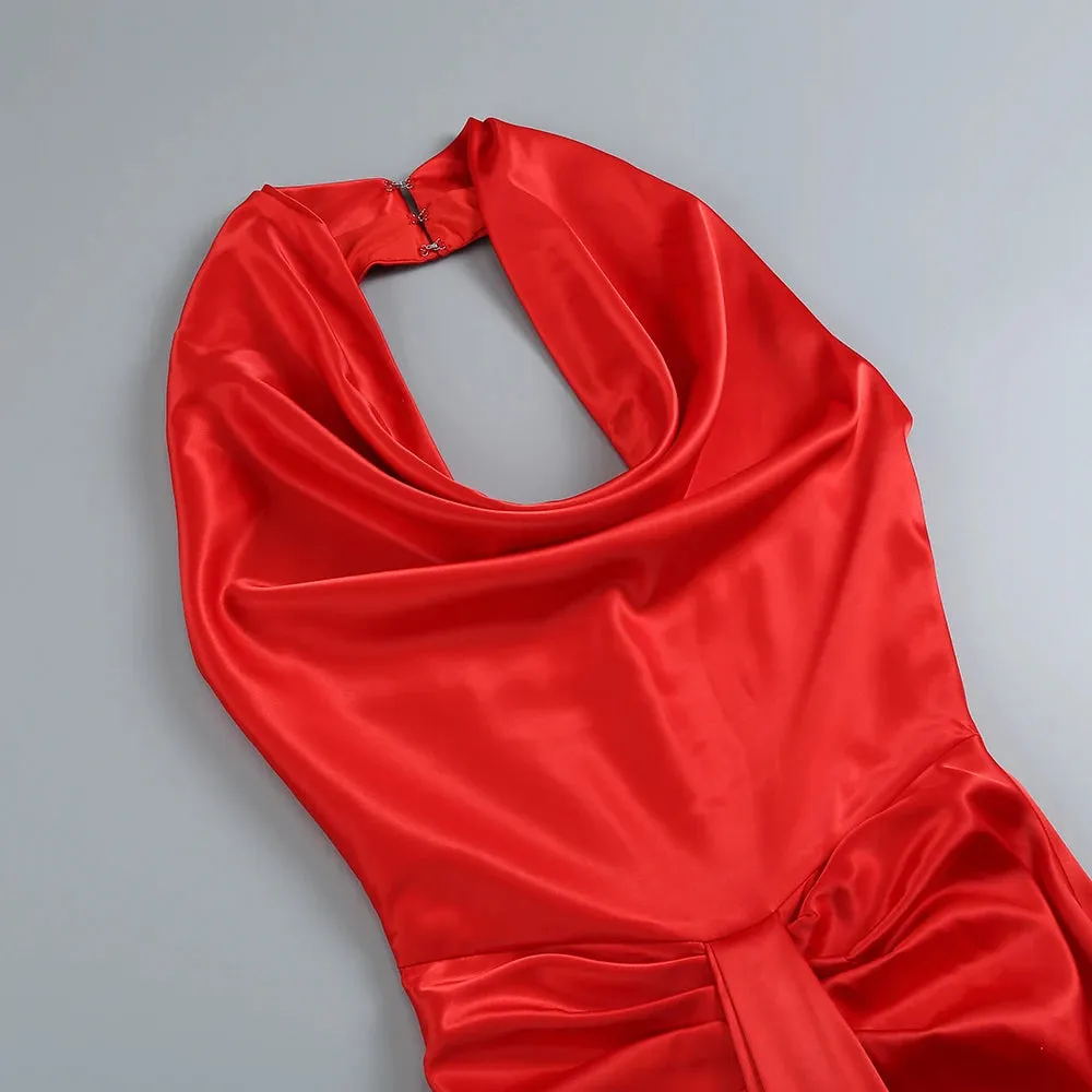 Elegant Sleek Backless Halter Red Mermaid Evening Gown