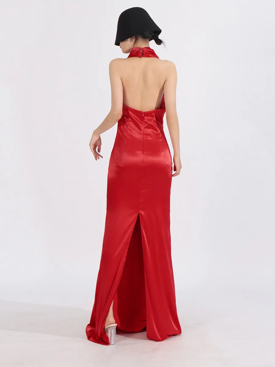 Elegant Sleek Backless Halter Red Mermaid Evening Gown