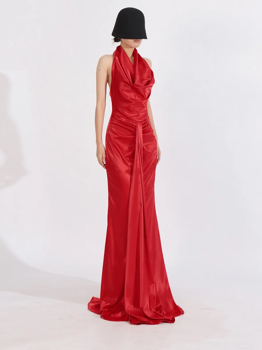 Elegant Sleek Backless Halter Red Mermaid Evening Gown