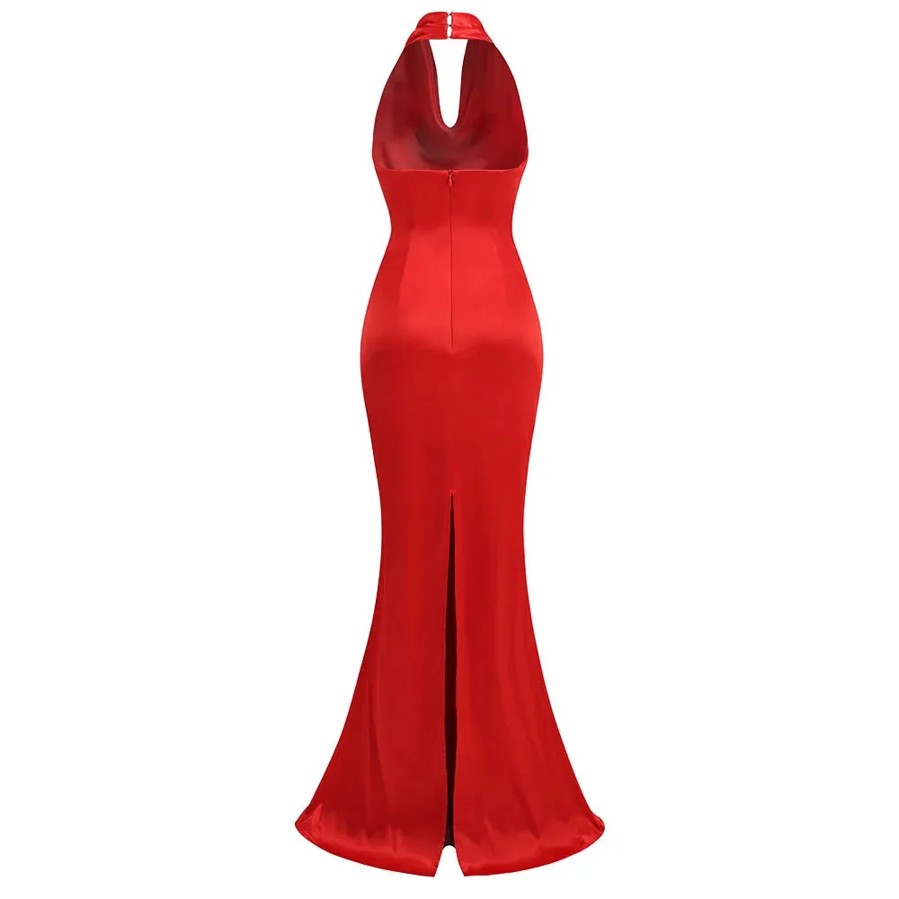 Elegant Sleek Backless Halter Red Mermaid Evening Gown