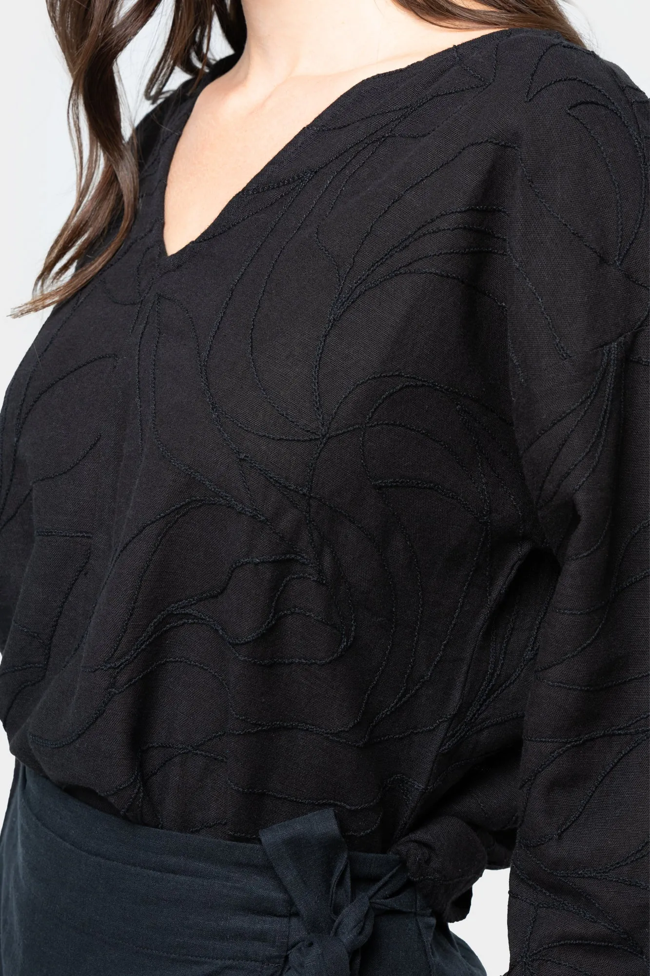 Embroidered Open V-Neck Top