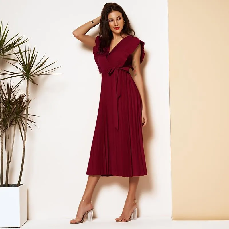 FashionSierra - Elegant Pleated Dress Women 2 Color Sexy Sleeveless V Neck Solid Aline Dresses Party Ladies Midi Dress