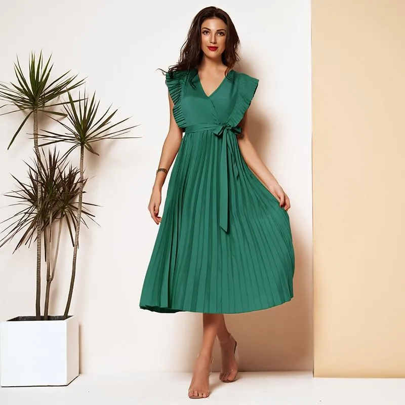 FashionSierra - Elegant Pleated Dress Women 2 Color Sexy Sleeveless V Neck Solid Aline Dresses Party Ladies Midi Dress