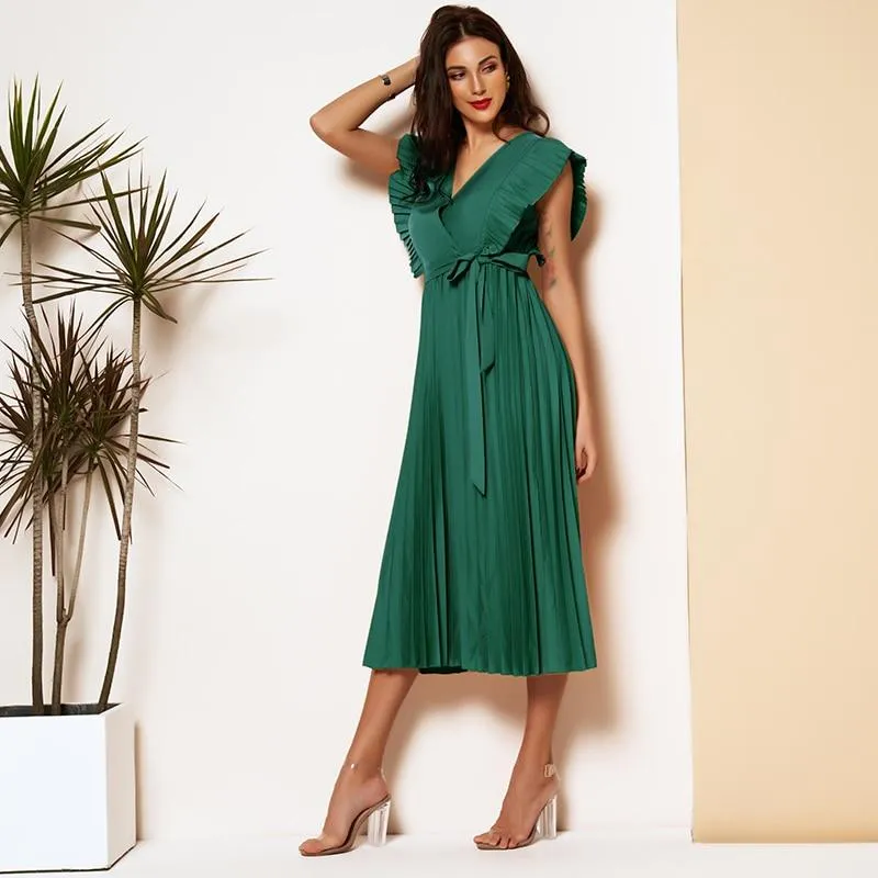 FashionSierra - Elegant Pleated Dress Women 2 Color Sexy Sleeveless V Neck Solid Aline Dresses Party Ladies Midi Dress
