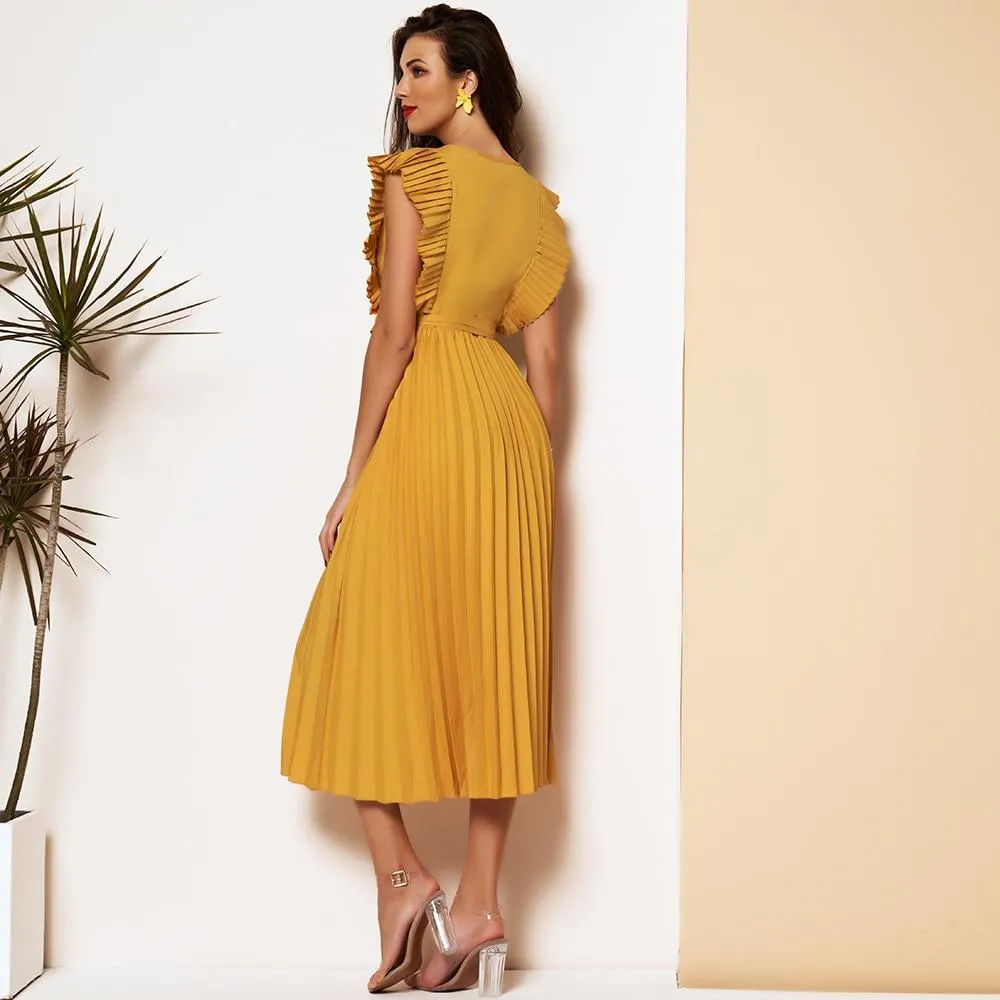 FashionSierra - Elegant Pleated Dress Women 2 Color Sexy Sleeveless V Neck Solid Aline Dresses Party Ladies Midi Dress