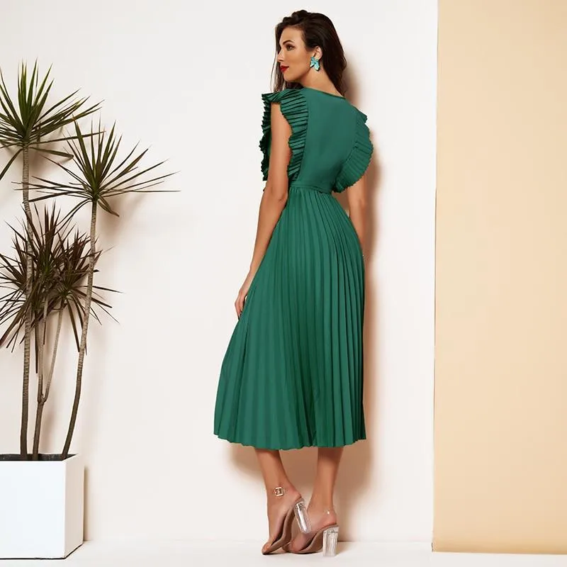 FashionSierra - Elegant Pleated Dress Women 2 Color Sexy Sleeveless V Neck Solid Aline Dresses Party Ladies Midi Dress