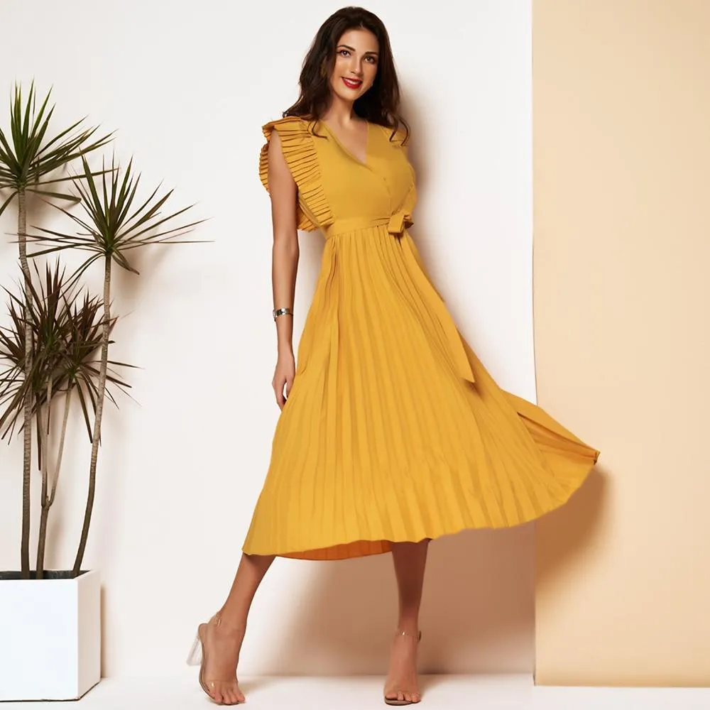 FashionSierra - Elegant Pleated Dress Women 2 Color Sexy Sleeveless V Neck Solid Aline Dresses Party Ladies Midi Dress