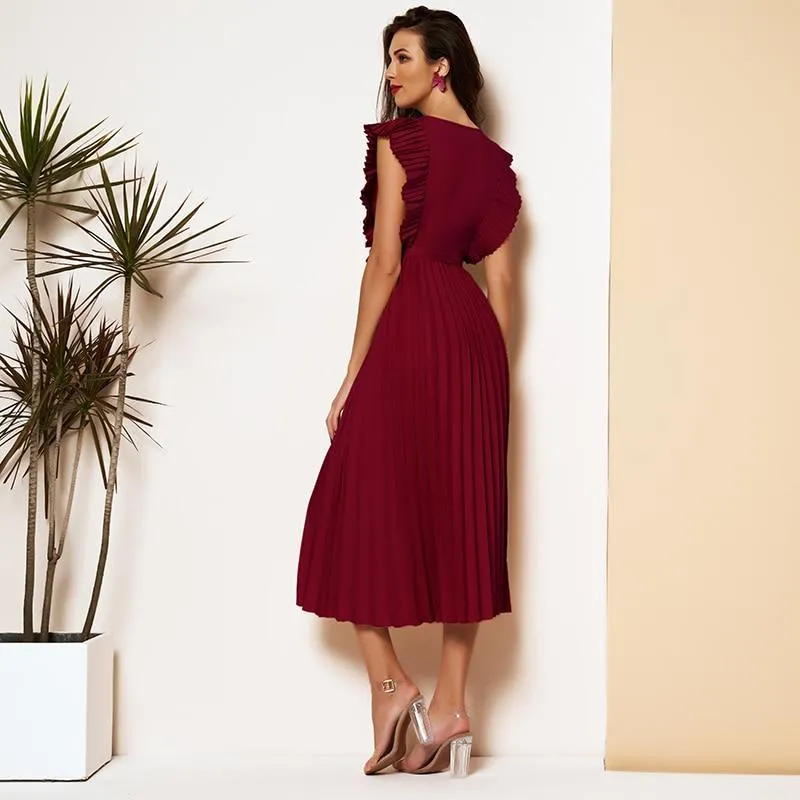 FashionSierra - Elegant Pleated Dress Women 2 Color Sexy Sleeveless V Neck Solid Aline Dresses Party Ladies Midi Dress