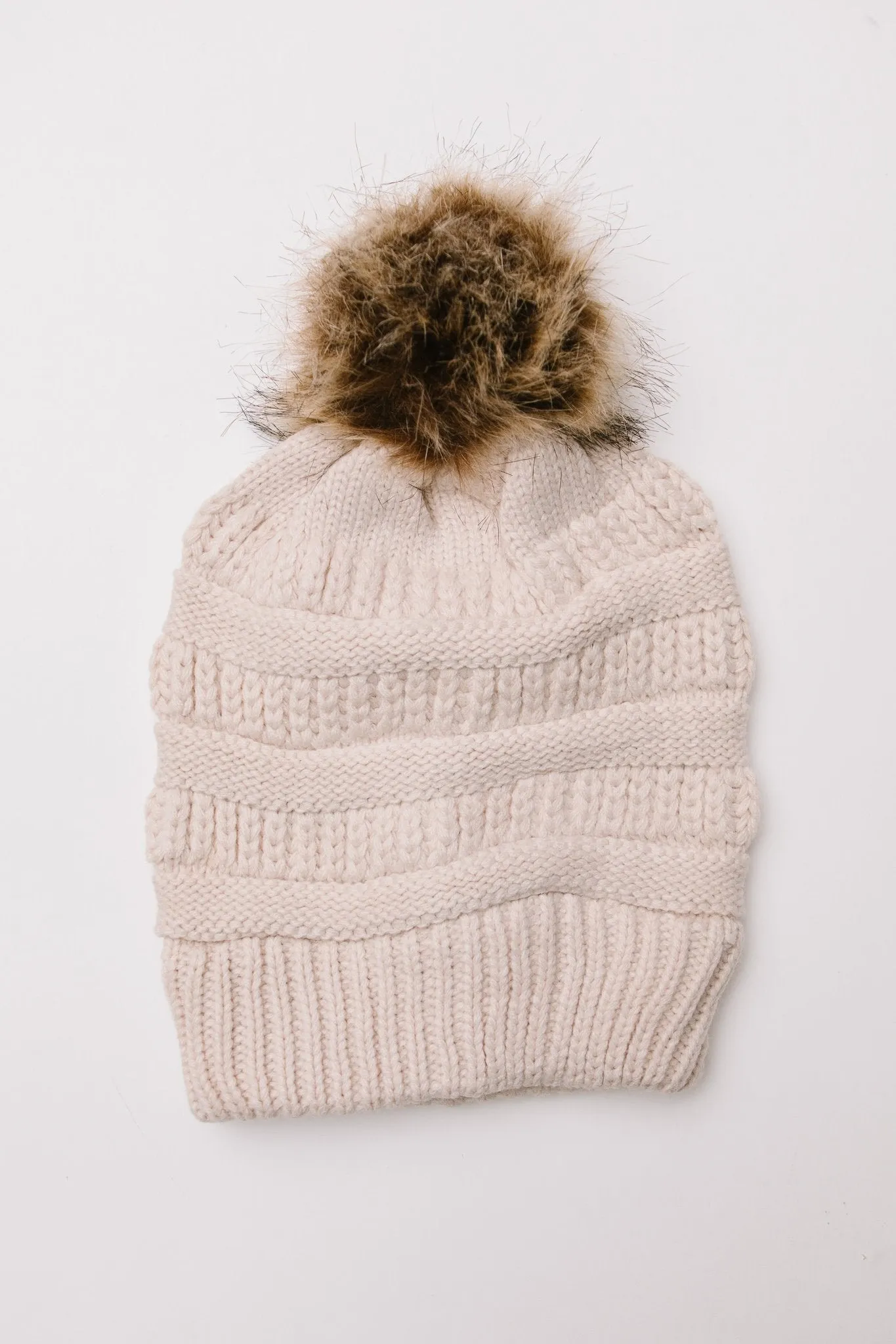 Faux Pom Pom Beanie In Beige