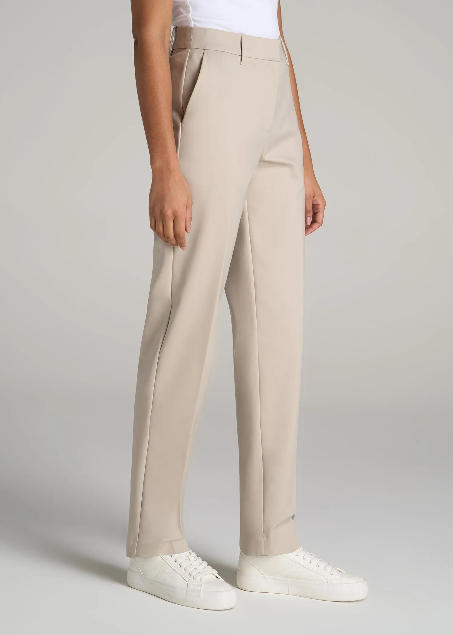 Flat Front Tapered Dress Pants for Tall Women in Stone