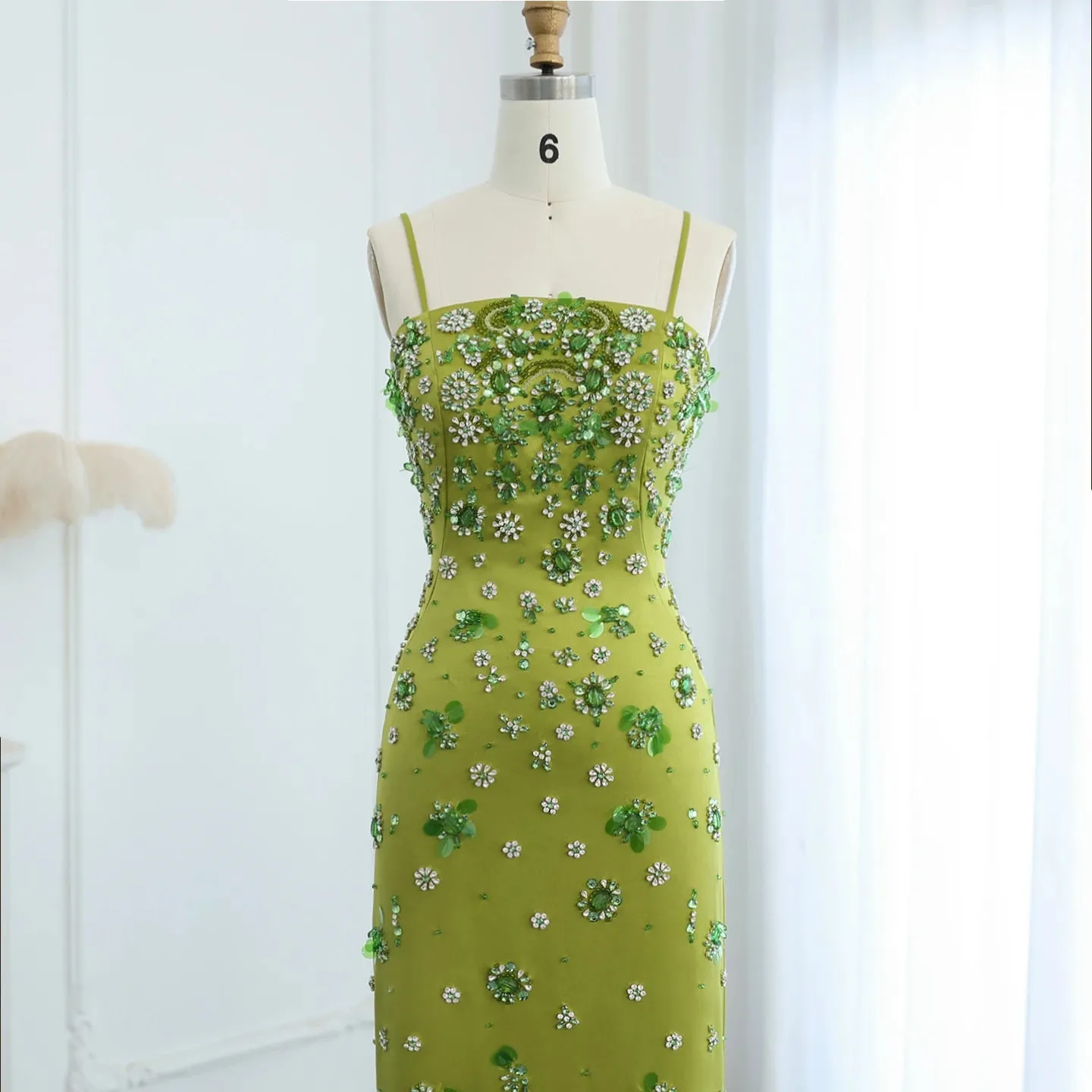 Floral Beaded Midi Dress Spaghetti Straps