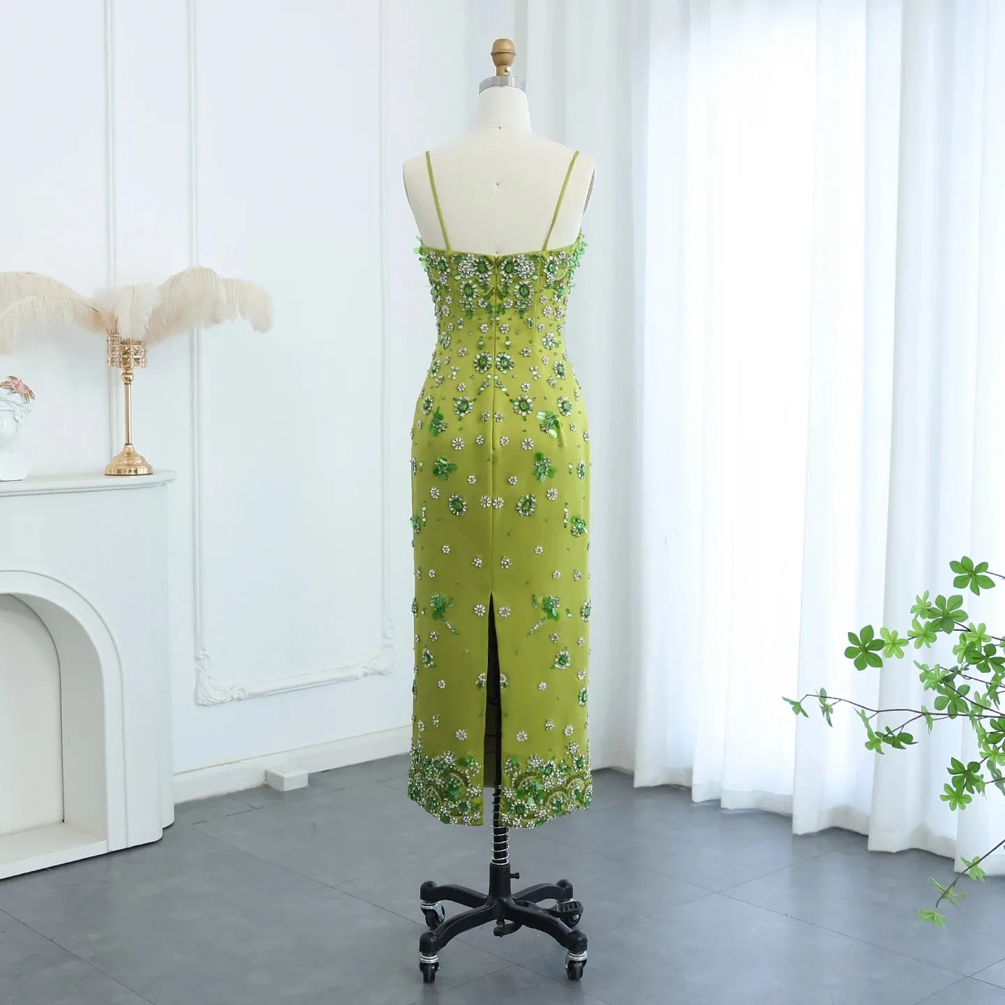 Floral Beaded Midi Dress Spaghetti Straps
