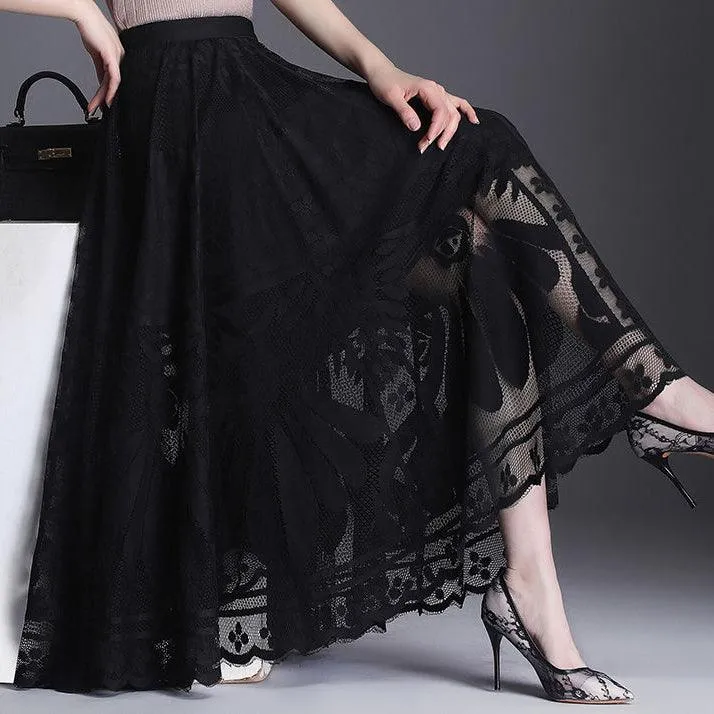 Floral Lace Long Skirt, Elegant High Waist Bottom Wear For Women