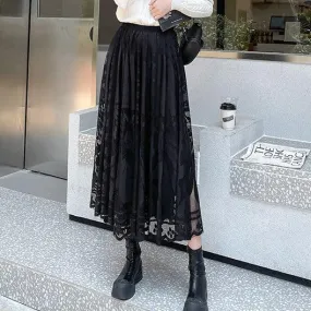 Floral Lace Long Skirt, Elegant High Waist Bottom Wear For Women