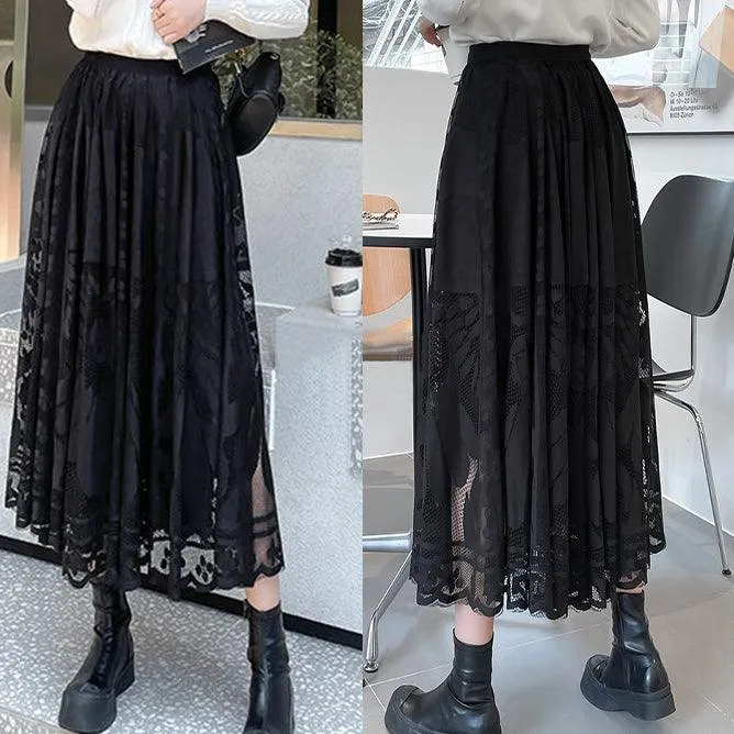 Floral Lace Long Skirt, Elegant High Waist Bottom Wear For Women