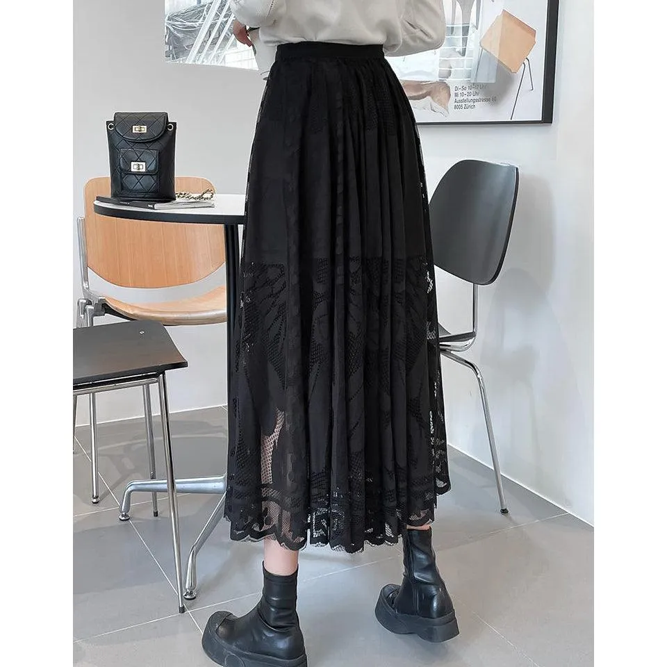 Floral Lace Long Skirt, Elegant High Waist Bottom Wear For Women