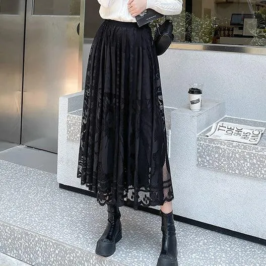 Floral Lace Long Skirt, Elegant High Waist Bottom Wear For Women