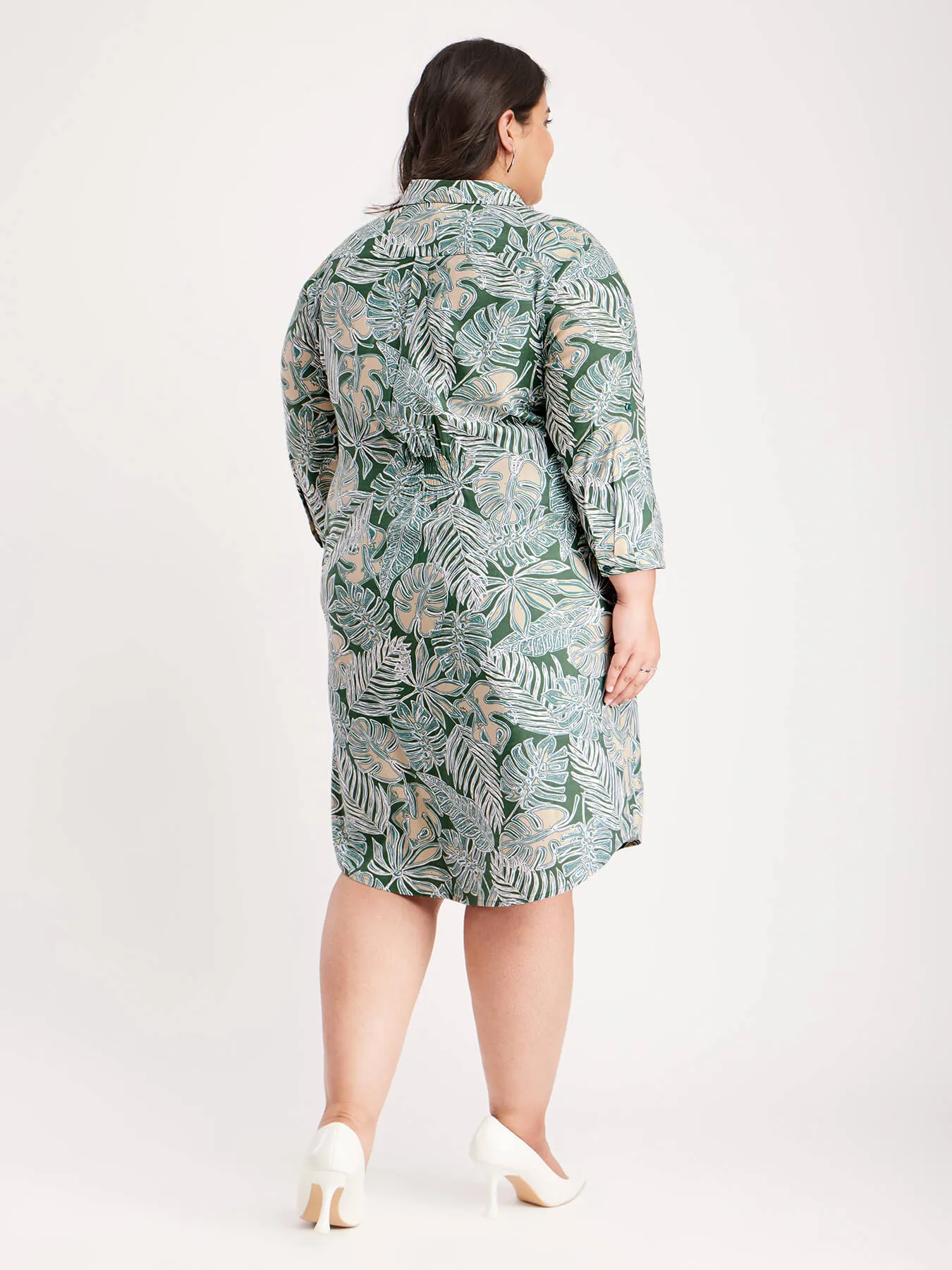 Floral Print Button Down Dress - Green And Beige