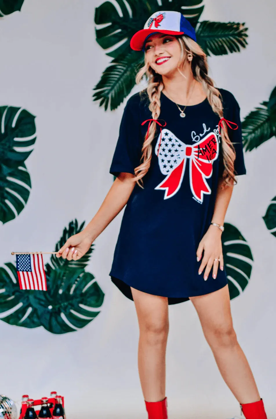 God Bless America Bow Graphic T-shirt Dress