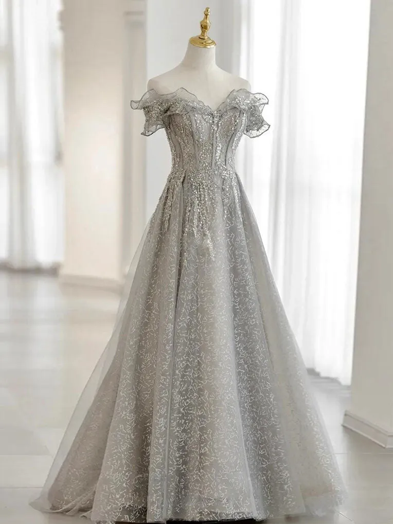 Gray Tulle Sequin Lace Off Shoulder Long Prom Dress, Gray Evening Dress