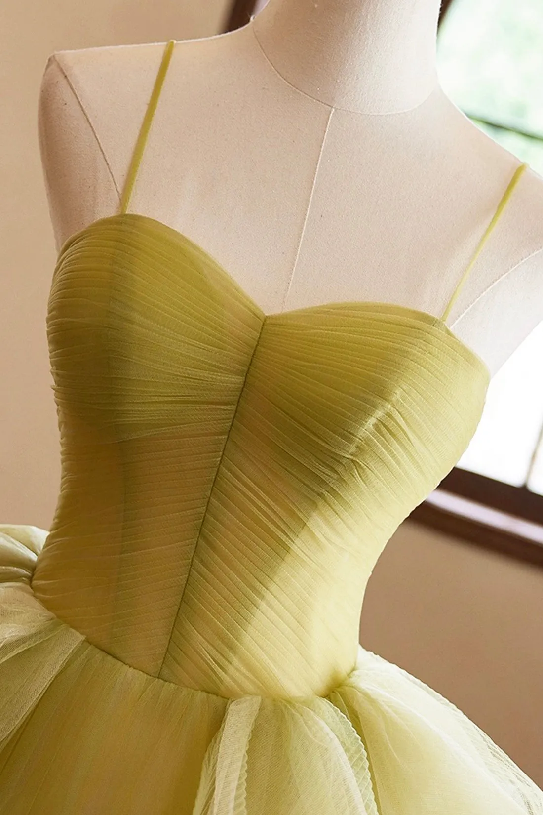 Green Tulle Long A-Line Prom Dresses, Lovely Spaghetti Straps Backless Evening Dresses