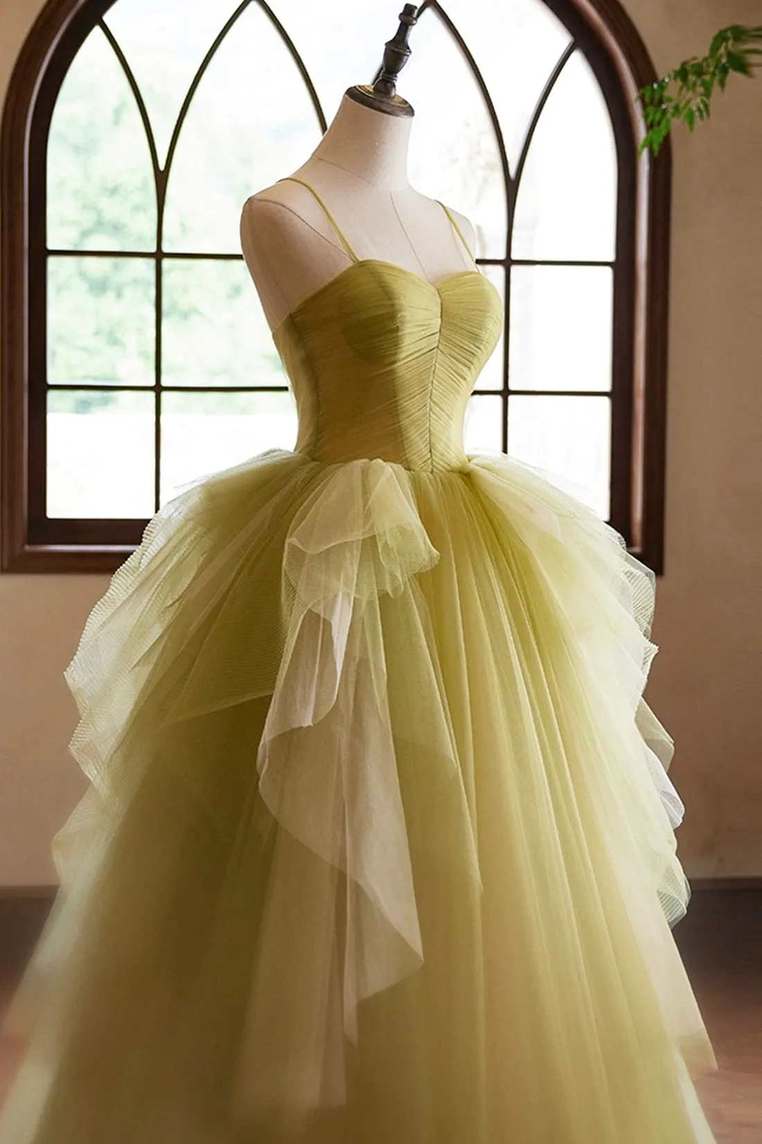 Green Tulle Long A-Line Prom Dresses, Lovely Spaghetti Straps Backless Evening Dresses