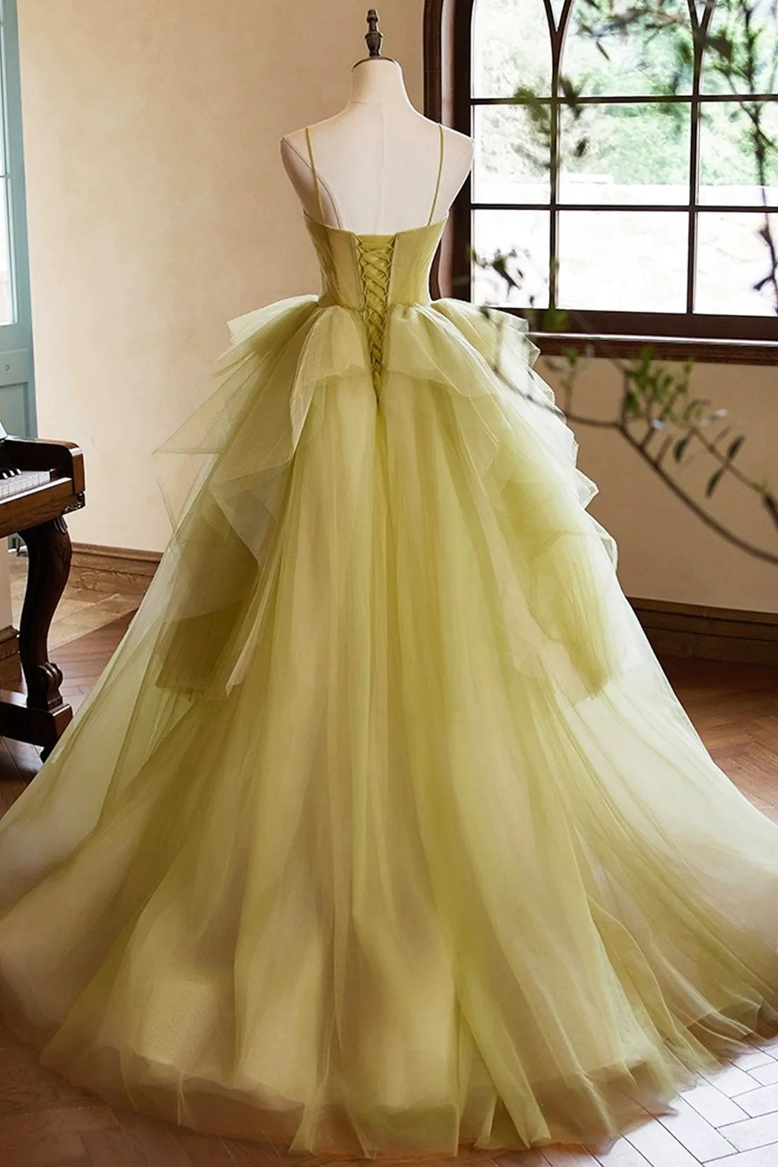 Green Tulle Long A-Line Prom Dresses, Lovely Spaghetti Straps Backless Evening Dresses