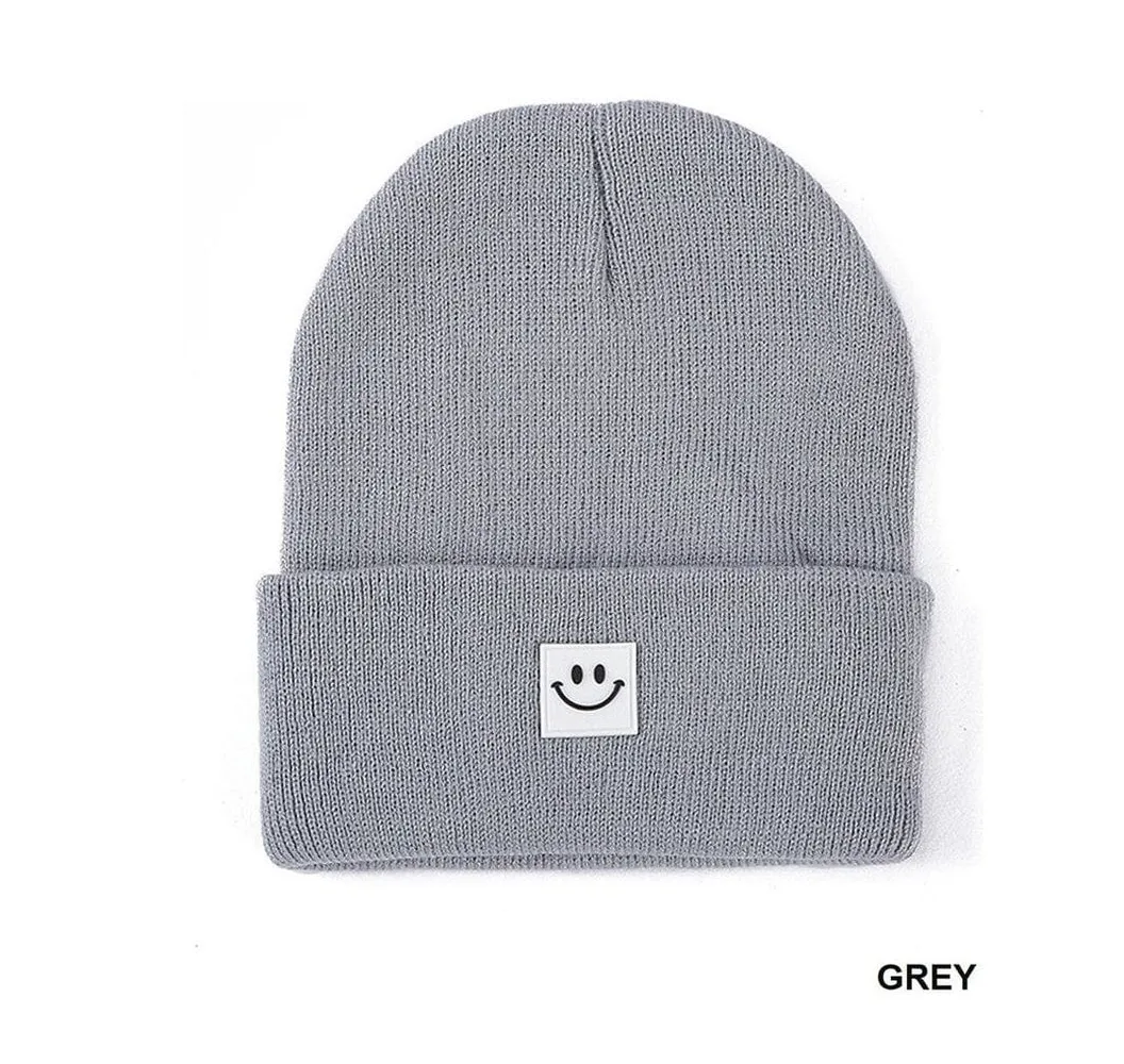 Grey Smiley Face Patch Beanie*