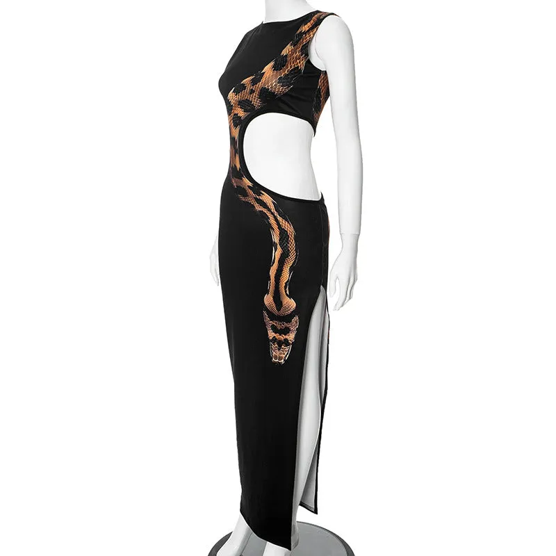 High Slit Hollow Out Snake Print Maxi Dress