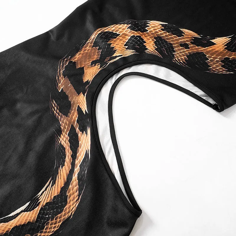 High Slit Hollow Out Snake Print Maxi Dress