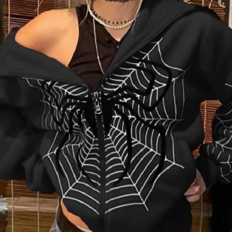 Hoodie Dark Spider Web Printed Goth Black Hoodie Sweatshirt Zipper