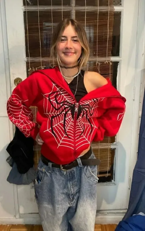 Hoodie Dark Spider Web Printed Goth Black Hoodie Sweatshirt Zipper