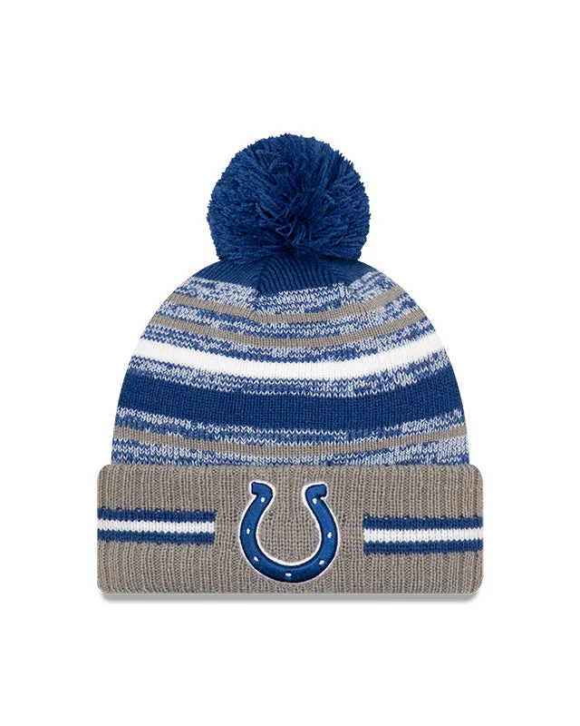 Indianapolis Colts New Era 2021 NFL Sideline - Sport Official Pom Cuffed Knit Hat - Gray/Blue