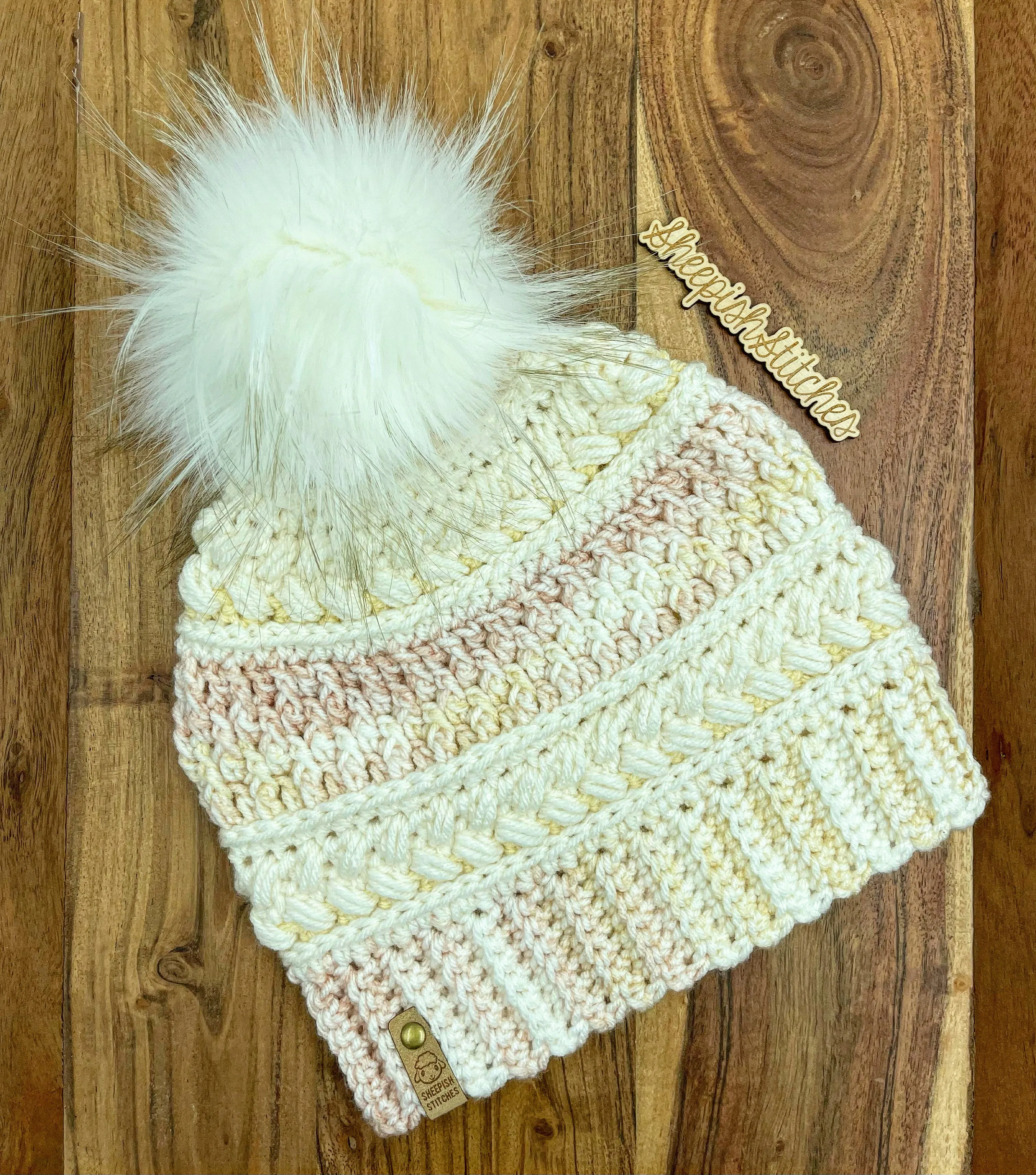 Ivory, Cream, Multi Tone Pink- Hand Crochet Beanie with Faux Fur Pom Pom