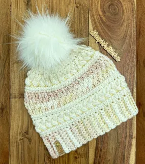 Ivory, Cream, Multi Tone Pink- Hand Crochet Beanie with Faux Fur Pom Pom